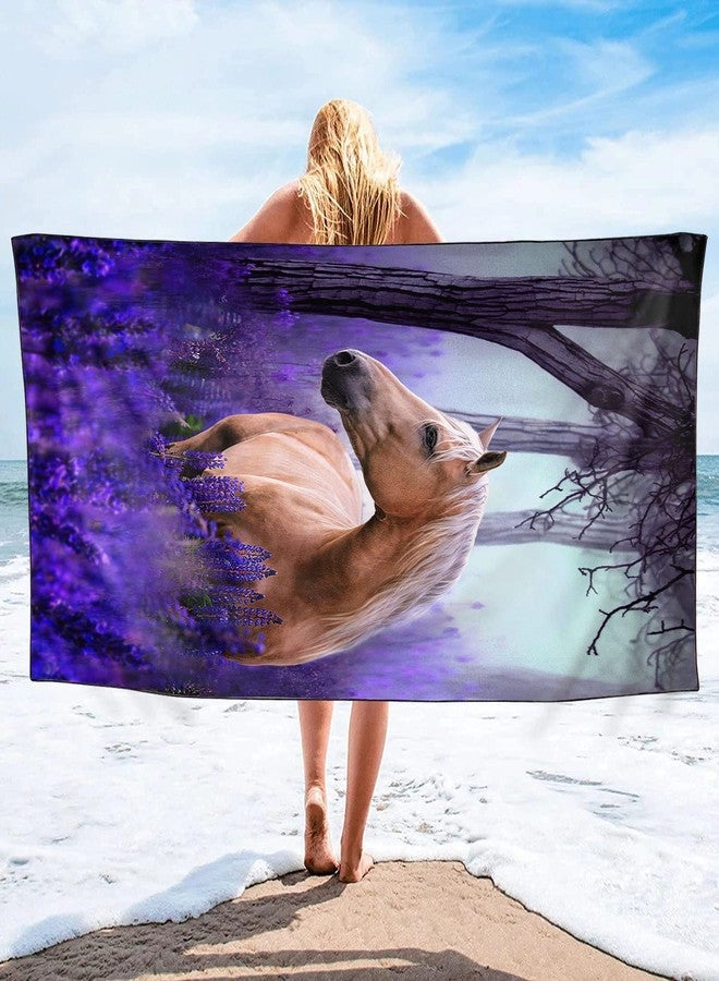 OHTMTHO Oversized Beach Towel Quick Dry Sand Free Lightweight Microfiber Beach Towels for Swim Pool Camping Travel, Purple Lavender Beige Horse, 36"x72" - Image 2